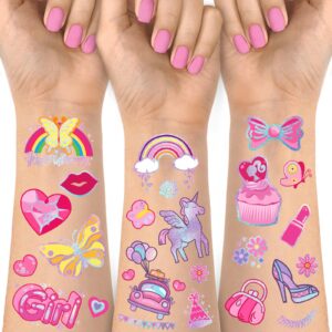 pink temporary tattoos for kids girls and women, flower star handbag crown sunglasses champagne car cake party fake tattoos for decorations, 140+ styles temporary tattoos for party supplies & favors