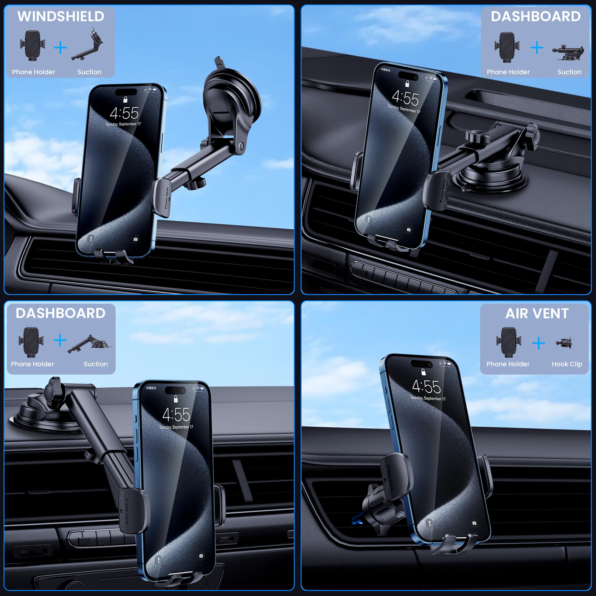 Phone Holder Car [Military-Grade Suction] Universal Car Phone Holder [Thick Case Friendly] Automobile Accessories Dashboard Air Vent Windshield Phone Mount Fit for iPhone Android Smartphones (brown)