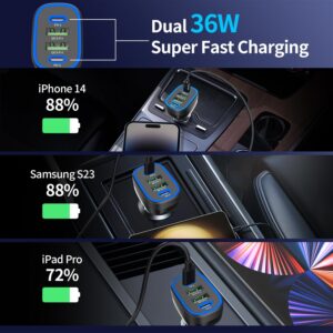 USB C Car Charger, Meagoes 72W 4 Ports Super Fast Automobile Charger Compatible for iPhone 15 Pro/Max/14/13/12/11/iPad Air, Samsung Galaxy S24/S23 Plus/Ultra/S22 Type C Cigarette Lighter USB Charger