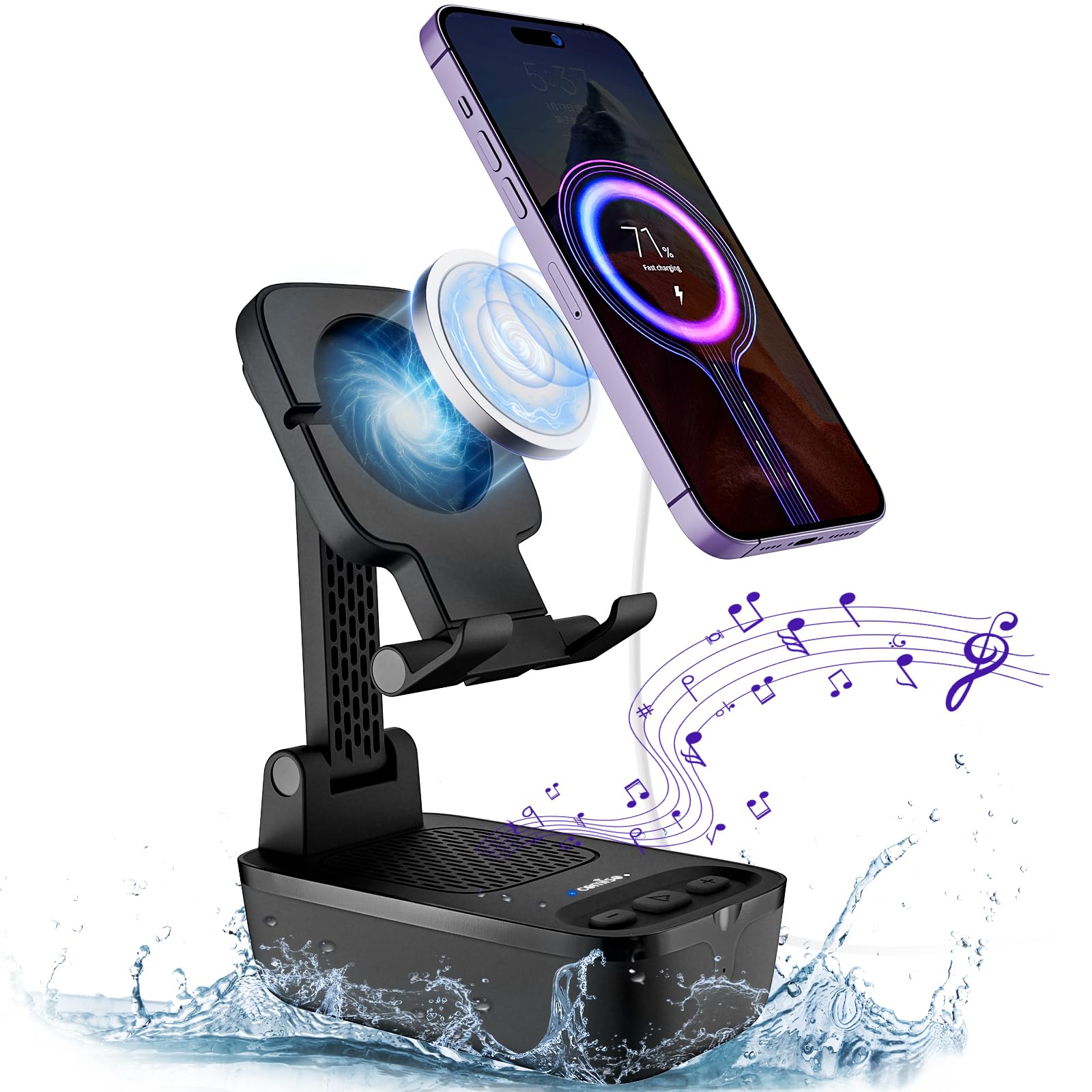 comiso IPX7 Waterproof Cell Phone Stand with Wireless Bluetooth Speaker, Anti-Slip Design Shower Phone Speaker with HD Stereo Sound,Compatible for Any Smartphones/Tablet, Unique Ideal Gifts