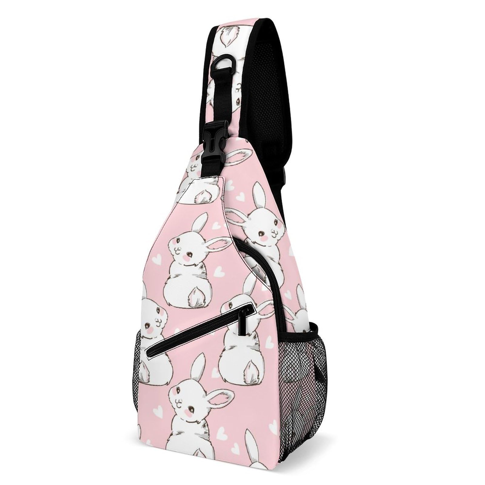 NAWFIVE Sling Bag Pink Bunny Heart Crossbody Backpack with Anti Theft Seamless Pattern Rabbit Adjustable Shoulder Bag for Travel,Hiking,Cycling,Camping