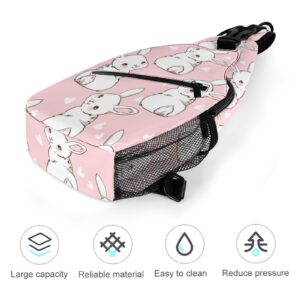 NAWFIVE Sling Bag Pink Bunny Heart Crossbody Backpack with Anti Theft Seamless Pattern Rabbit Adjustable Shoulder Bag for Travel,Hiking,Cycling,Camping