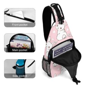 NAWFIVE Sling Bag Pink Bunny Heart Crossbody Backpack with Anti Theft Seamless Pattern Rabbit Adjustable Shoulder Bag for Travel,Hiking,Cycling,Camping