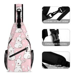 NAWFIVE Sling Bag Pink Bunny Heart Crossbody Backpack with Anti Theft Seamless Pattern Rabbit Adjustable Shoulder Bag for Travel,Hiking,Cycling,Camping