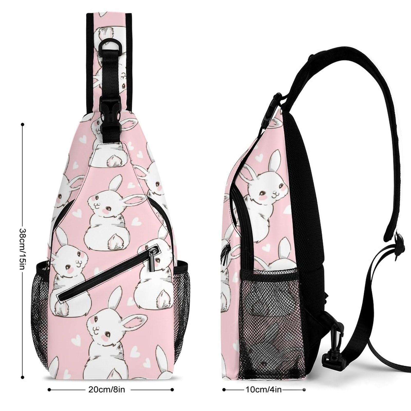 NAWFIVE Sling Bag Pink Bunny Heart Crossbody Backpack with Anti Theft Seamless Pattern Rabbit Adjustable Shoulder Bag for Travel,Hiking,Cycling,Camping