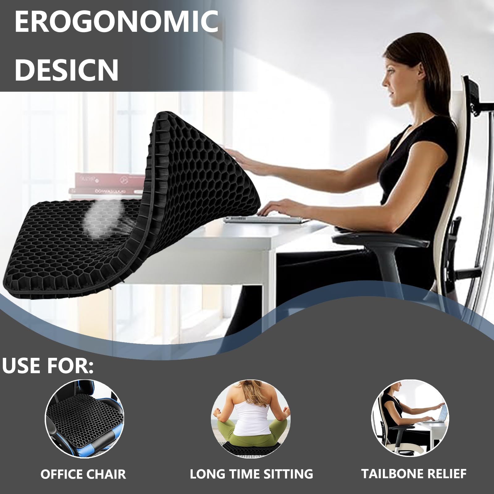 Aiouarc Gel Seat Cushion for Long Sitting, Desk Chair Cushion, Pain Relief Cushion, Office Chair Cushion, Cushion Tailbone Pain, Wheelchair Cushion, Car Seat Cushion, Chair Cushion