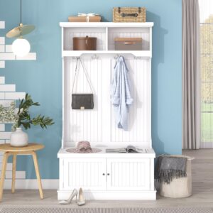 polibi 64.4" hall tree with top shelves and storage bench cabinet, wood storage bench with 4 hooks for entryway, living room and bedroom, white