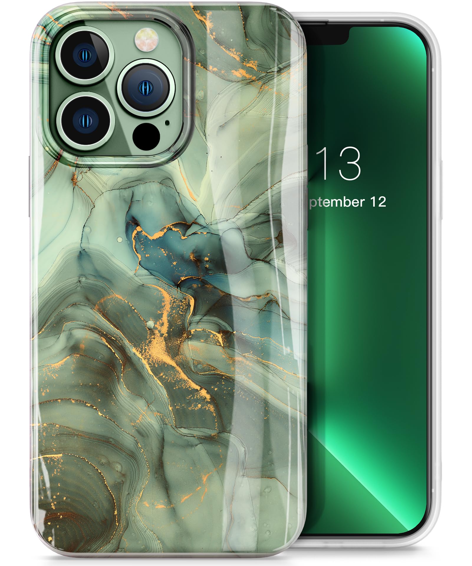 GVIEWIN for iPhone 13 Pro Case 6.1 Inch, [10FT Military Grade Drop Protection] Marble Phone Case Slim Glossy Soft TPU Shockproof Protective Cover for Women Men Phone Covers(Desert Dream/Green)