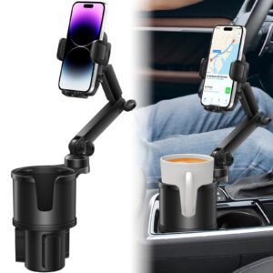 cup holder phone mount for car with expandable base, 2-1 universal multi cup phone holder expander with rubber for drink bottles, mugs and phone fits all cellphone