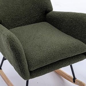 Rocking Chair for Baby Nursery, Comfy Small Rocker with Neck Rest and Pocket, Modern Upholstered Accent High Back Armchair for Living Room, Bedroom, and Office (Dark Green)