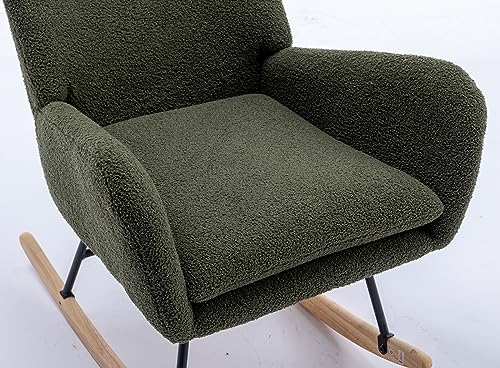 Rocking Chair for Baby Nursery, Comfy Small Rocker with Neck Rest and Pocket, Modern Upholstered Accent High Back Armchair for Living Room, Bedroom, and Office (Dark Green)