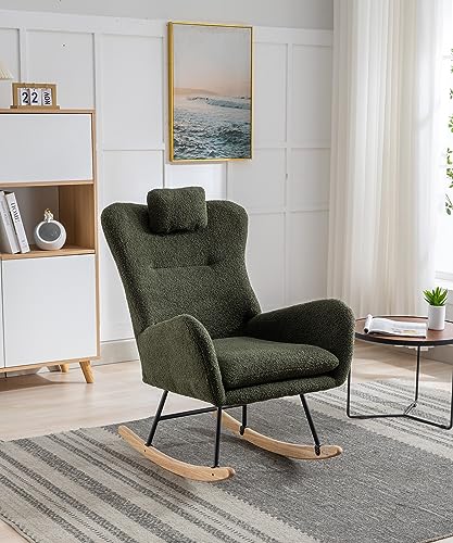 Rocking Chair for Baby Nursery, Comfy Small Rocker with Neck Rest and Pocket, Modern Upholstered Accent High Back Armchair for Living Room, Bedroom, and Office (Dark Green)