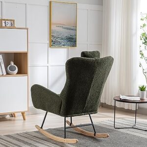 Rocking Chair for Baby Nursery, Comfy Small Rocker with Neck Rest and Pocket, Modern Upholstered Accent High Back Armchair for Living Room, Bedroom, and Office (Dark Green)