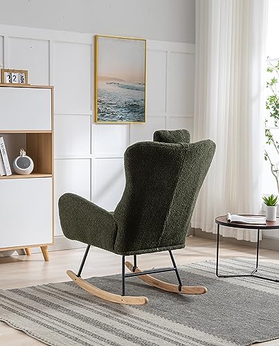 Rocking Chair for Baby Nursery, Comfy Small Rocker with Neck Rest and Pocket, Modern Upholstered Accent High Back Armchair for Living Room, Bedroom, and Office (Dark Green)