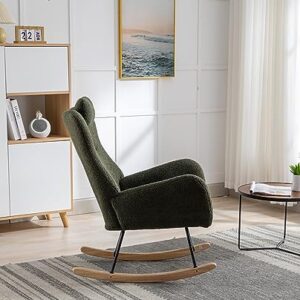 Rocking Chair for Baby Nursery, Comfy Small Rocker with Neck Rest and Pocket, Modern Upholstered Accent High Back Armchair for Living Room, Bedroom, and Office (Dark Green)