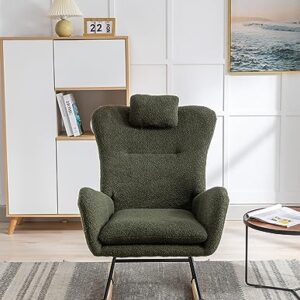 Rocking Chair for Baby Nursery, Comfy Small Rocker with Neck Rest and Pocket, Modern Upholstered Accent High Back Armchair for Living Room, Bedroom, and Office (Dark Green)