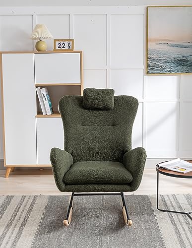 Rocking Chair for Baby Nursery, Comfy Small Rocker with Neck Rest and Pocket, Modern Upholstered Accent High Back Armchair for Living Room, Bedroom, and Office (Dark Green)