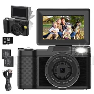 4k digital camera for photography, autofocus 48mp vlogging camera for youtube with 16x digital zoom macro camera, 3’’180°flip screen compact video camera with liftable flash, sd card&2 batteries