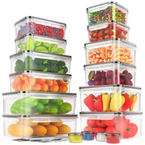 85oz large food storage containers with lids airtight set - 100% leak proof plastic meal prep lunch containers for kitchen organizer, easy to snap includes labels & pen (16 containers+16 lids)
