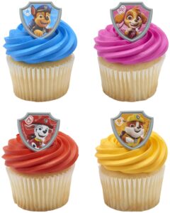 decopac paw patrol reporting for duty rings, cupcake decorations featuring chase, marshall, skye, and rubble - 24 pack
