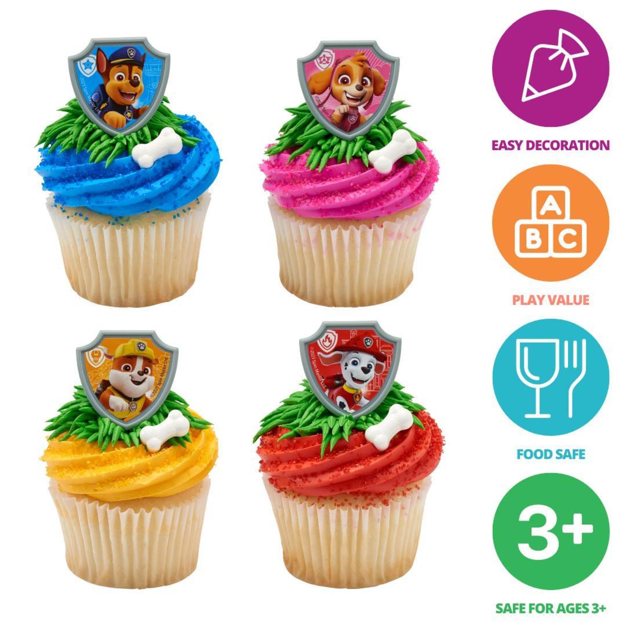 DecoPac Paw Patrol Reporting For Duty Rings, Cupcake Decorations Featuring Chase, Marshall, Skye, And Rubble - 24 Pack