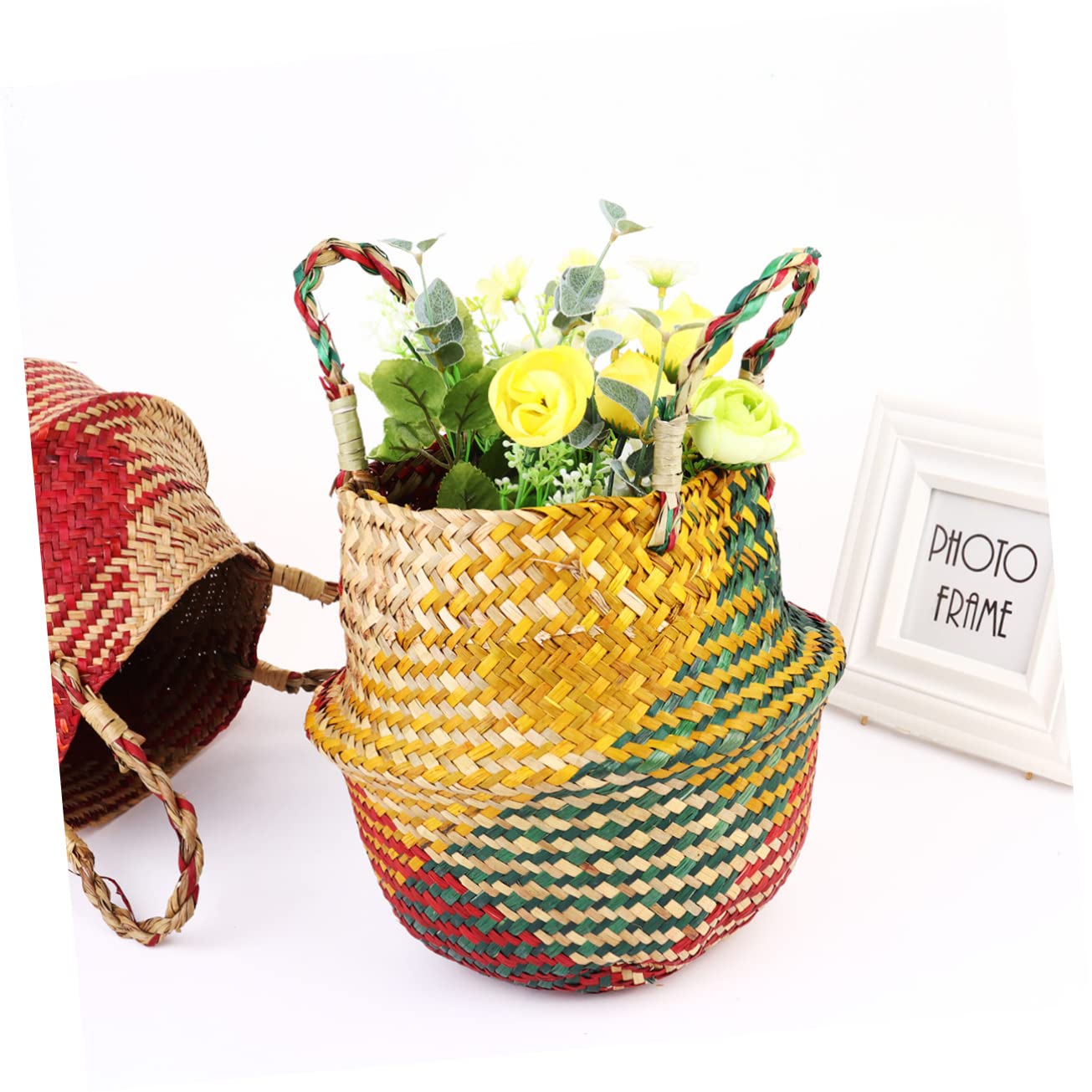 HOMSFOU storage bins foldable laundry basket rustic decor laundry basket foldable Seagrass Belly Basket Seagrass Belly Planter Basket rattan storage basket Wooden seaweed flowers baby