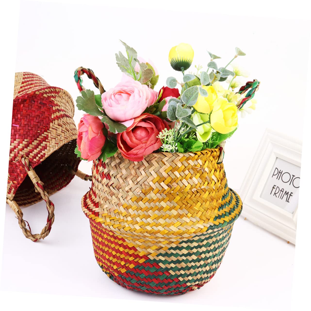 HOMSFOU storage bins foldable laundry basket rustic decor laundry basket foldable Seagrass Belly Basket Seagrass Belly Planter Basket rattan storage basket Wooden seaweed flowers baby