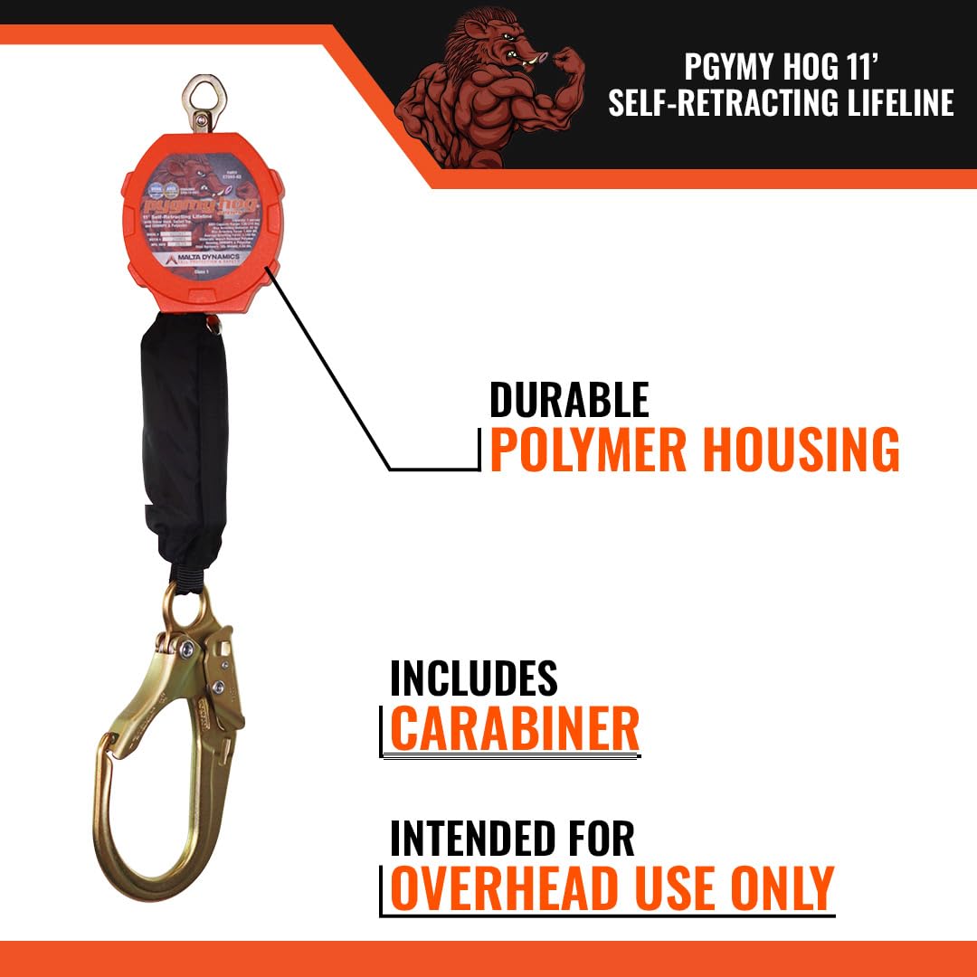 Malta Dynamics Pygmy Hog 11' Web Self Retracting Lifeline, YoYo Cable with Rebar Hook, Fall Protection Retractable Safety Harness Lanyard - OSHA/ANSI Compliant