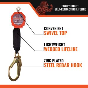 Malta Dynamics Pygmy Hog 11' Web Self Retracting Lifeline, YoYo Cable with Rebar Hook, Fall Protection Retractable Safety Harness Lanyard - OSHA/ANSI Compliant