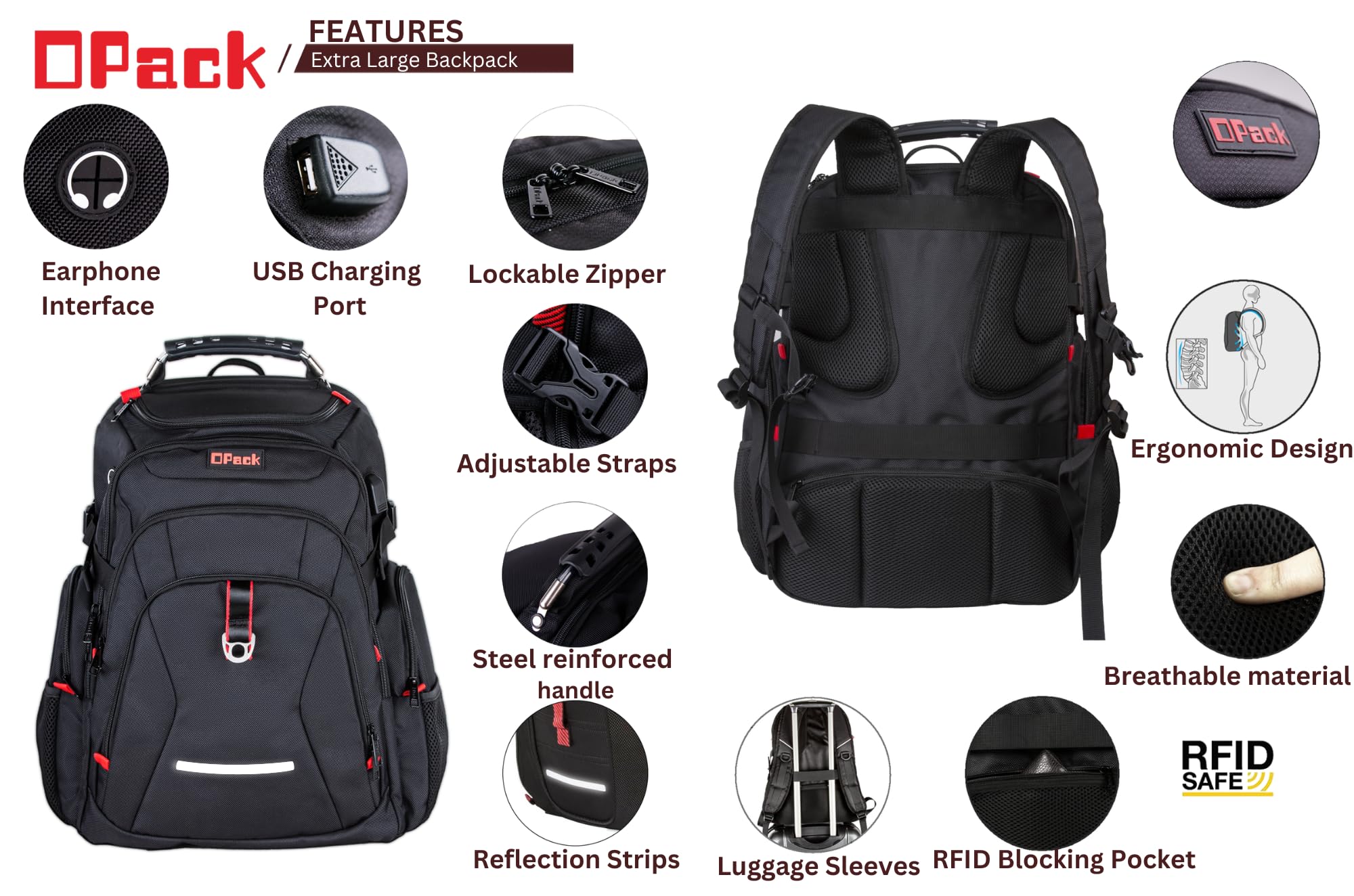 OPACK Travel Laptop Backpack 17.3" Computer Backpack Water-Repellent College Daypack Business Backpack with Large RFID Pockets & USB Port safety reflective strip for Men Women