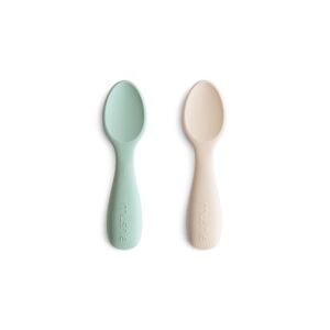 mushie silicone toddler starter spoons | 2 pack (cambridge blue/shifting sand)
