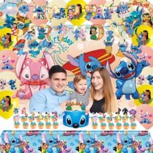 Stitch Birthday Decorations, Stitch Party Supplies Include Banner, Ballons, Tablecloth, Backdrop, Cake Toppers, Hanging Swirls, Cute Lilo Party Decorations for Birthday Party