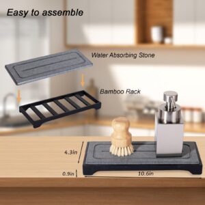 Sponge Holder Quick Dry Kitchen Sink Caddy Diatomaceous Earth Stone Drying Mat Bathroom Countertop Organizer Soap Dish Tray for Counter, Vanity, Bamboo Rack - Black