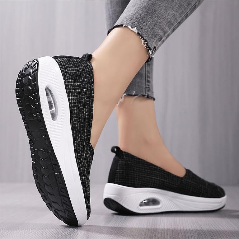 Womens Orthopedic Sneakers, Women Walking Shoes Air Cushion Slip On Canvas Sneaker (Black,US-6)