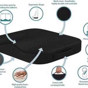 Seat Cushions for Office Chairs，Portable Memory Foam Seat Cushion for Coccyx Non Slip Bottom with Carry Handle,Washable Cover (Black)