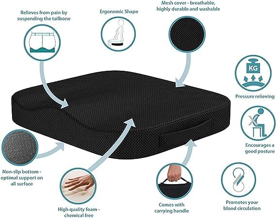 Seat Cushions for Office Chairs，Portable Memory Foam Seat Cushion for Coccyx Non Slip Bottom with Carry Handle,Washable Cover (Black)