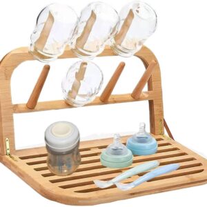 Eforwest Baby Bottle Countertop Drying Rack Bamboo,Space Saving Kitchen Drying Rack & Bottle Holder for Nipples, Cups, Pump Parts, Accessories, Reusable Ziplock and Freezer Bag Dryer Rack