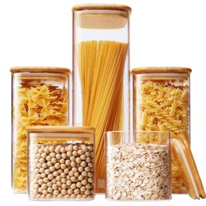 homartist square glass jars with bamboo lids [muti size set of 5], glass canisters with airtight lids, glass food storage containers for pasta, cereal, flour, sugar, best for kitchen & pantry