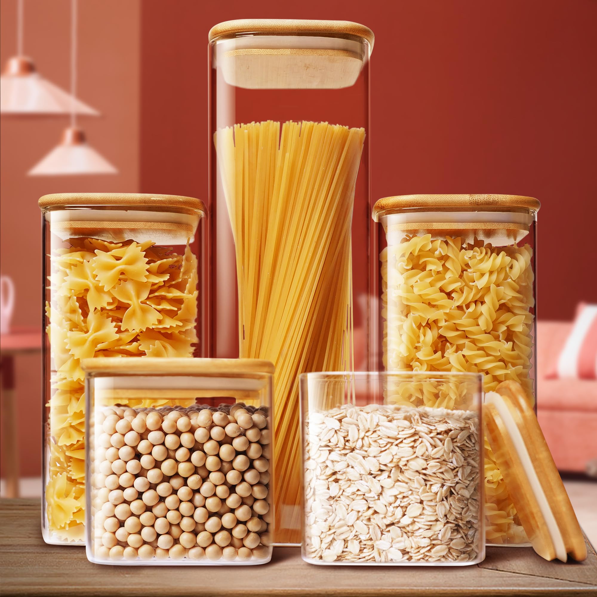 HomArtist Square Glass Jars with Bamboo Lids [Muti Size Set of 5], Glass Canisters with Airtight Lids, Glass Food Storage Containers for Pasta, Cereal, Flour, Sugar, Best for Kitchen & Pantry