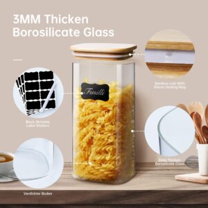 HomArtist Square Glass Jars with Bamboo Lids [Muti Size Set of 5], Glass Canisters with Airtight Lids, Glass Food Storage Containers for Pasta, Cereal, Flour, Sugar, Best for Kitchen & Pantry