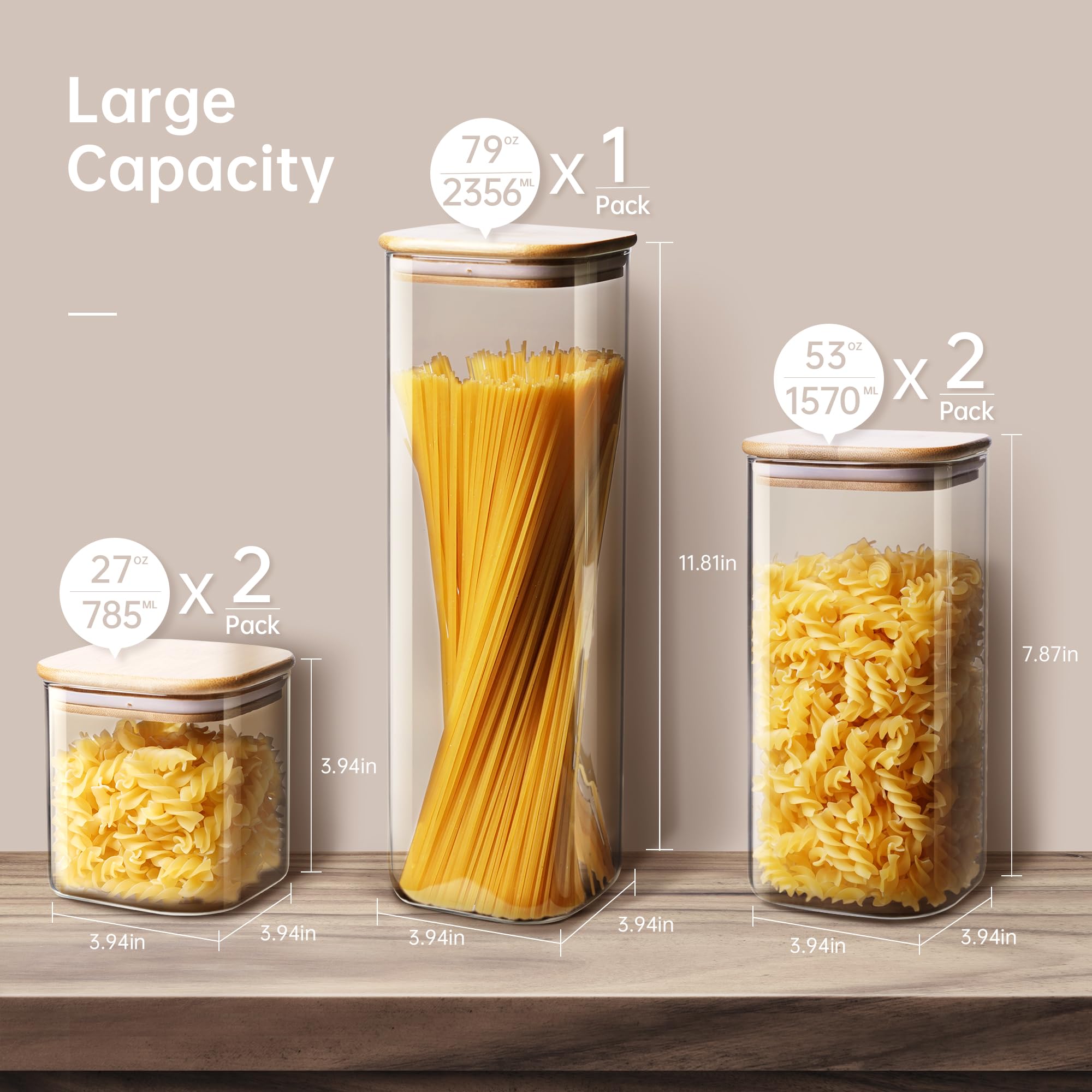 HomArtist Square Glass Jars with Bamboo Lids [Muti Size Set of 5], Glass Canisters with Airtight Lids, Glass Food Storage Containers for Pasta, Cereal, Flour, Sugar, Best for Kitchen & Pantry