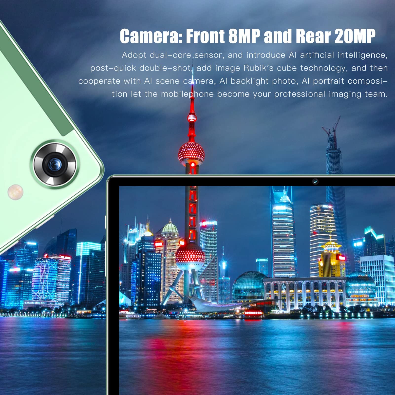 HEEPDD 10.1 Inch Tablet 6000mAh Rechargeable Green 2.4G 5G WiFi HD Tablet 8GB RAM 256GB ROM (US Plug)