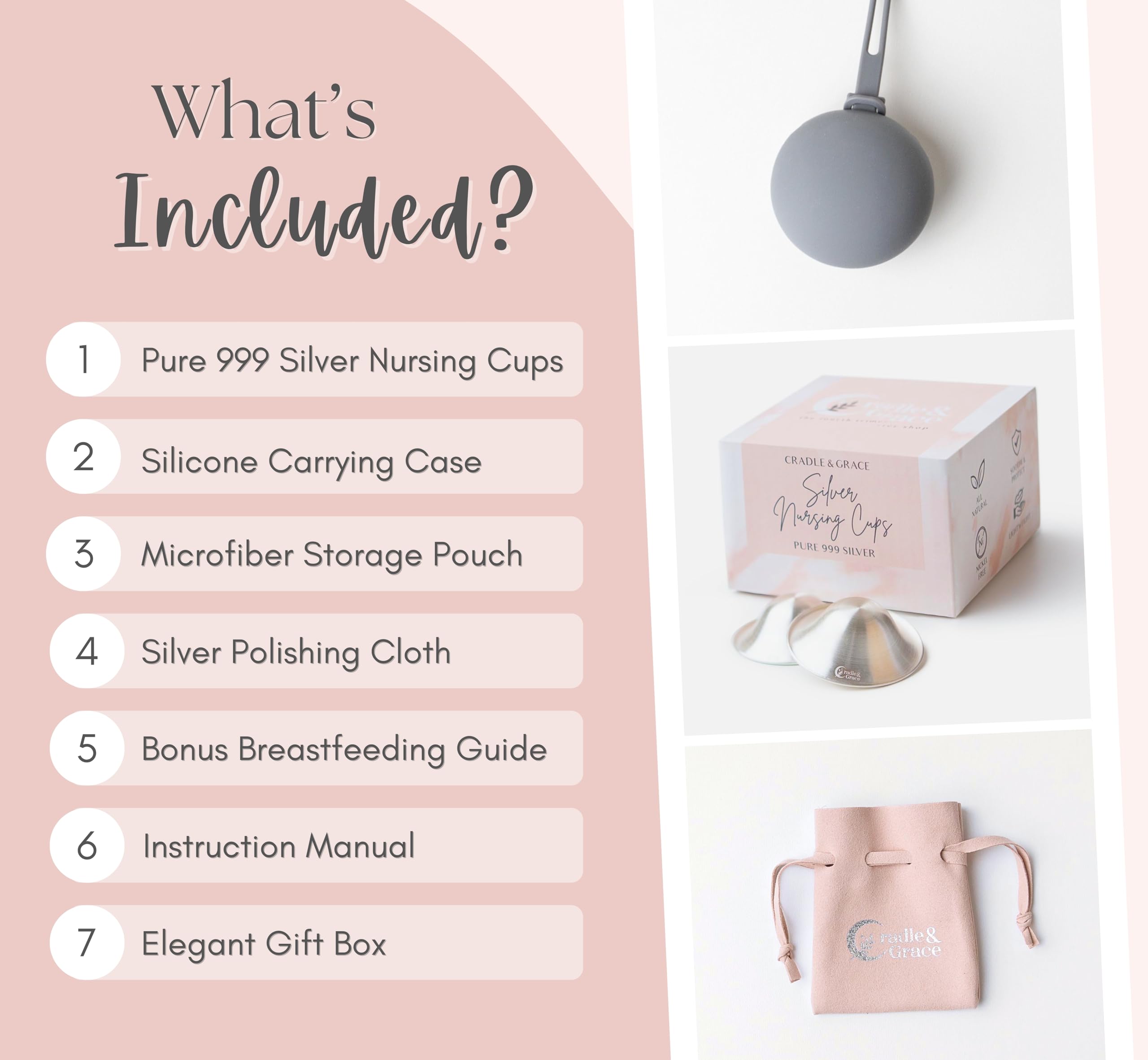 Cradle & Grace Pure 999 Silver Nursing Cups & Carrying Case | Silver Nipple Covers Breastfeeding Kit for All-Natural Healing | Silver Nipple Shields for Nursing Moms | Sore Nipple Relief Breastfeeding