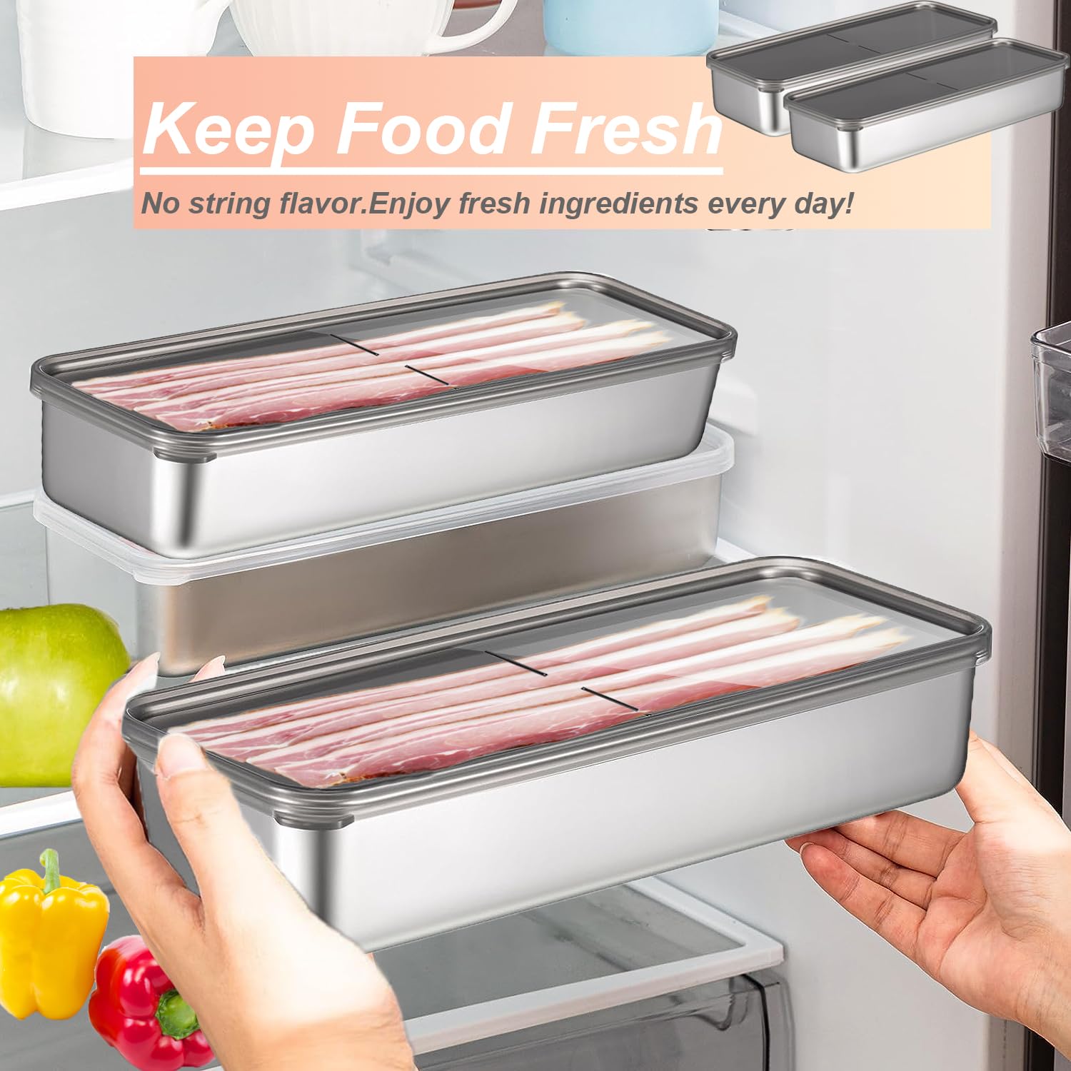 ANMOFLY Bacon Container for Refrigerator,Bacon Keeper 304 Stainless Steel Airtight Deli Meat Storage Containers for Fridge, 1PC Long Kitchen Food Storage Container with Lid and 2PCS Forks