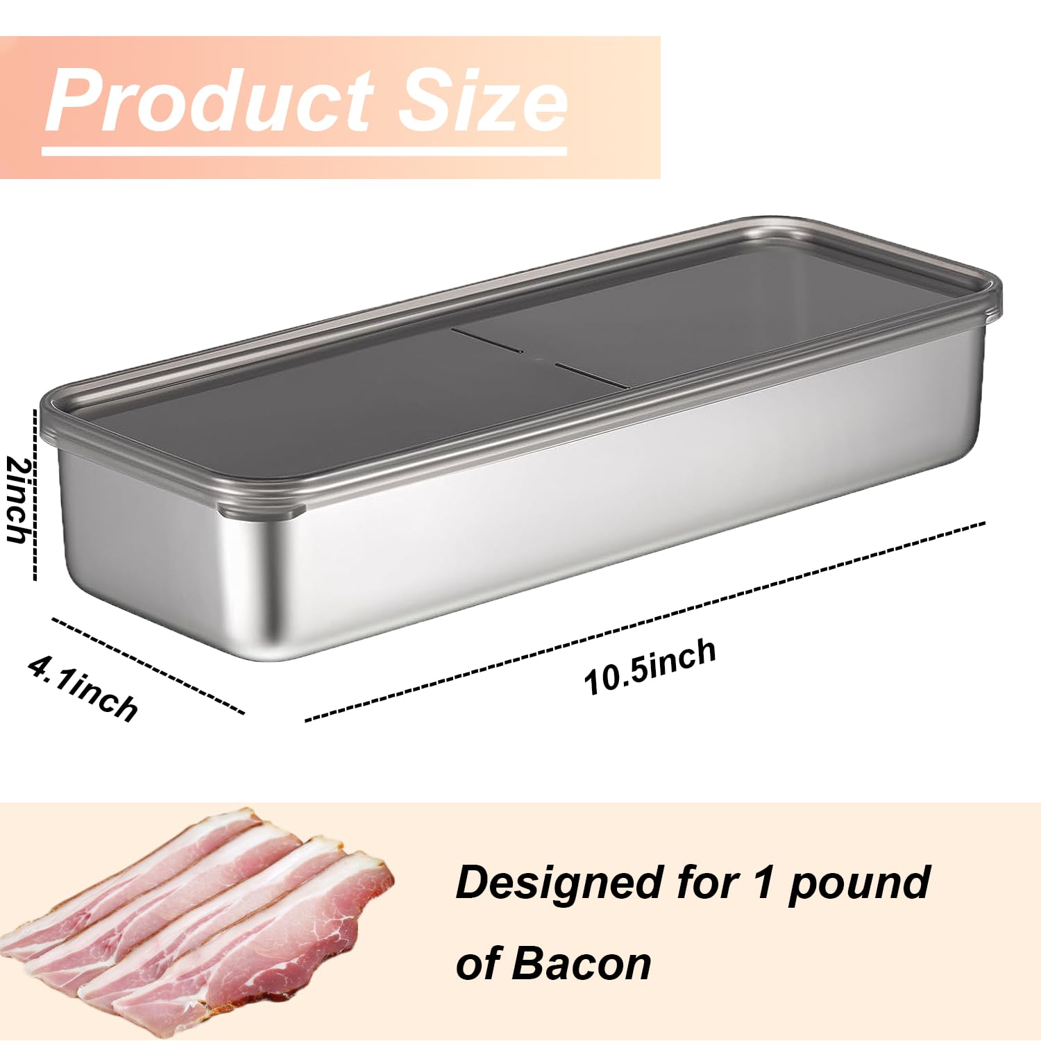 ANMOFLY Bacon Container for Refrigerator,Bacon Keeper 304 Stainless Steel Airtight Deli Meat Storage Containers for Fridge, 1PC Long Kitchen Food Storage Container with Lid and 2PCS Forks