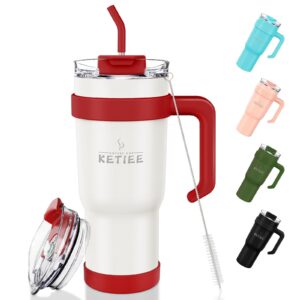ketiee 40 oz tumbler with handle and straw, leakproof stainless steel travel mug with screwed lid & straw vacuum insulated water bottle reusable coffee cups, sweat proof, dishwasher safe (white)