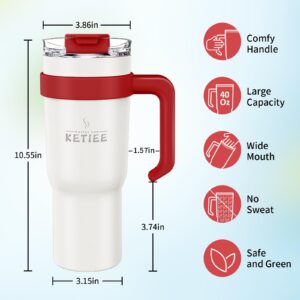 KETIEE 40 oz Tumbler with Handle and Straw, Leakproof Stainless Steel Travel Mug with Screwed Lid & Straw Vacuum Insulated Water Bottle Reusable Coffee Cups, Sweat Proof, Dishwasher Safe (White)