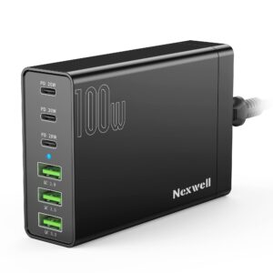 usb c charger, nexwell 100w gan 6-port desktop usb charging station with 3 usb-c ports +3 usb-a ports, portable pd fast charger for iphone, ipad, samsung galaxy, 5ft extension cord