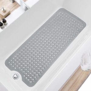 teeshly bath tub and shower mats, non-slip 40 x 16 inch extra long bath mat, machine washable bathtub mat with drain holes, suction cups for bathroom, gray
