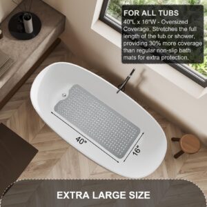 TEESHLY Bath Tub and Shower Mats, Non-Slip 40 x 16 Inch Extra Long Bath Mat, Machine Washable Bathtub Mat with Drain Holes, Suction Cups for Bathroom, Gray